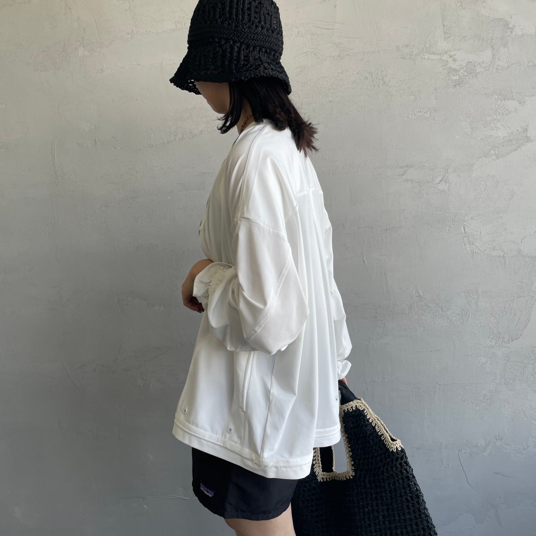 Jeans Factory Clothes [ジーンズファクトリークローズ] ラッシュガードVネックカーディガン [IN1-CST-4] WHITE &&モデル身長：163cm 着用サイズ：M&&