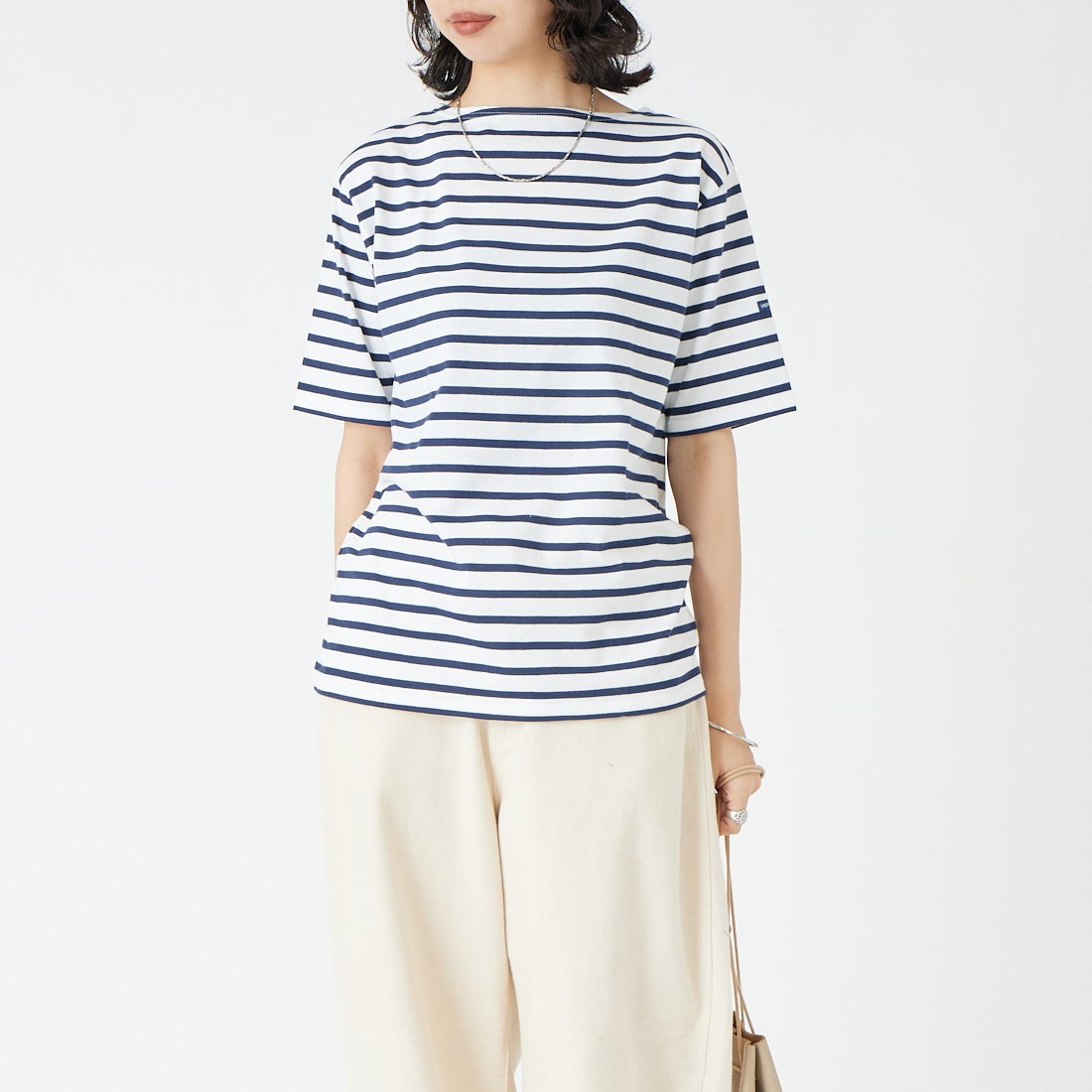 ST.JAMES [セントジェームス] ピアリックボーダーTシャツ [PIRIAC] NEI/MAR &&モデル身長：162cm 着用サイズ：3&&