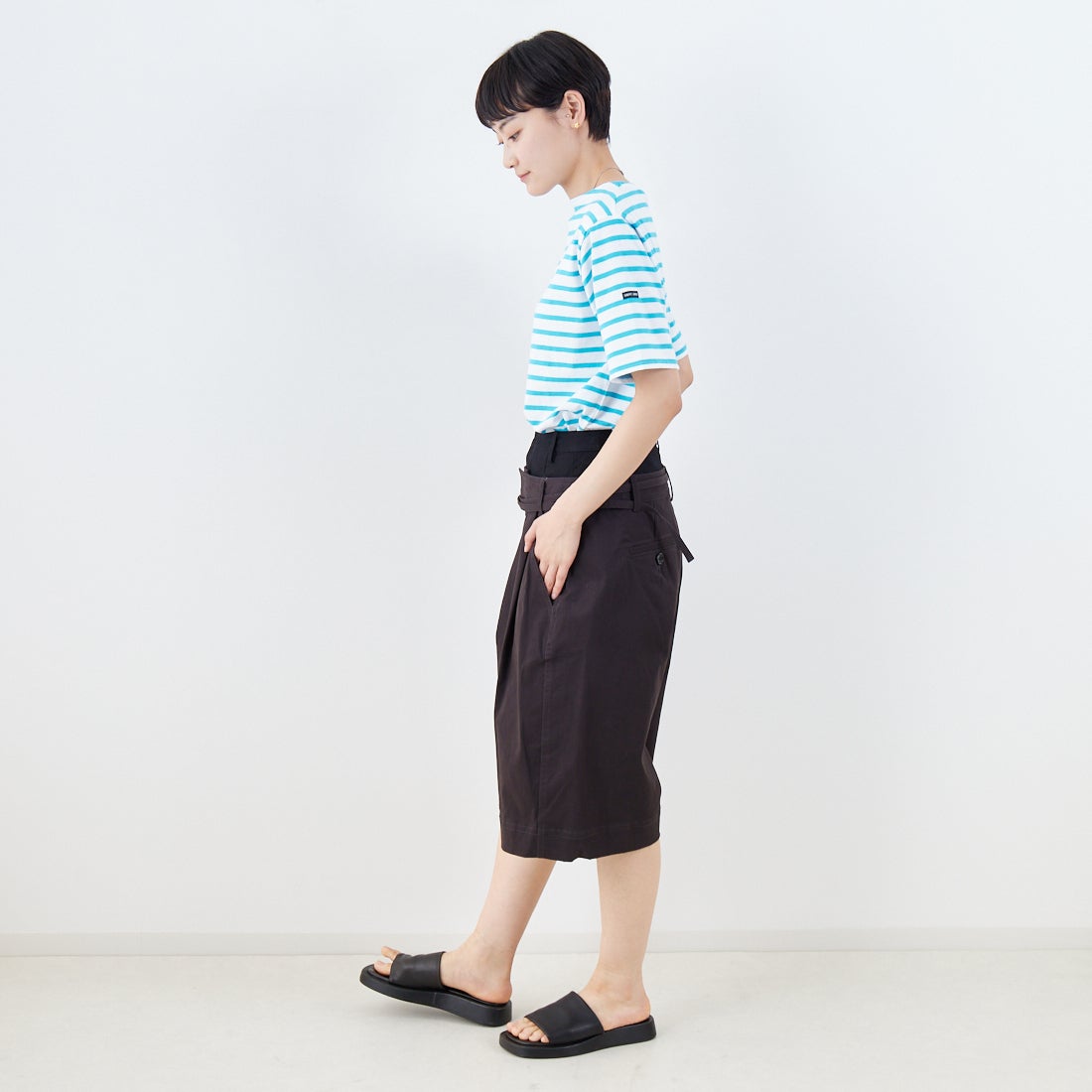 ST.JAMES [セントジェームス] ピリアックボーダーTシャツ [PIRIAC] NEI/JAD &モデル身長：160cm 着用サイズ：3&&