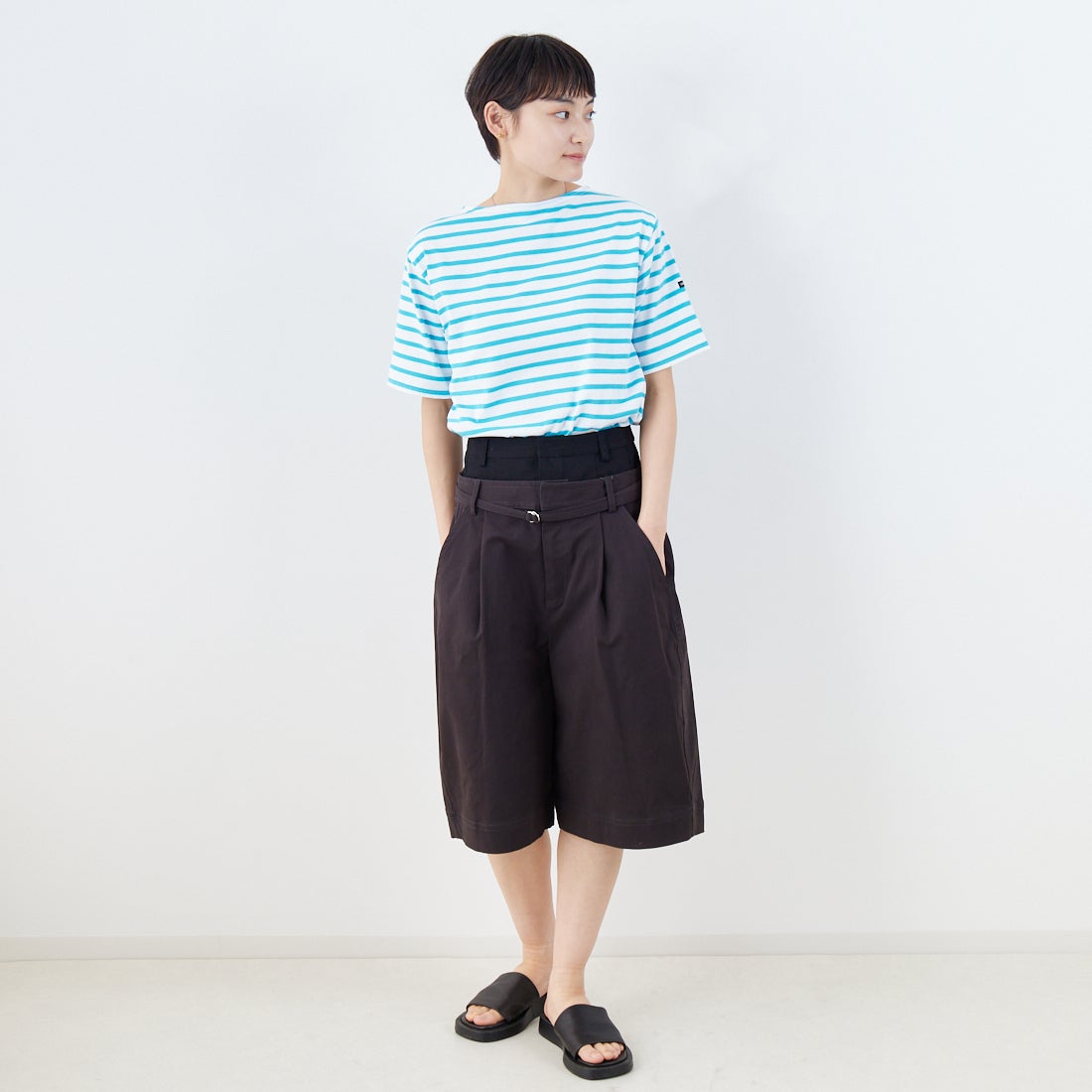 ST.JAMES [セントジェームス] ピリアックボーダーTシャツ [PIRIAC] NEI/JAD &モデル身長：160cm 着用サイズ：3&&
