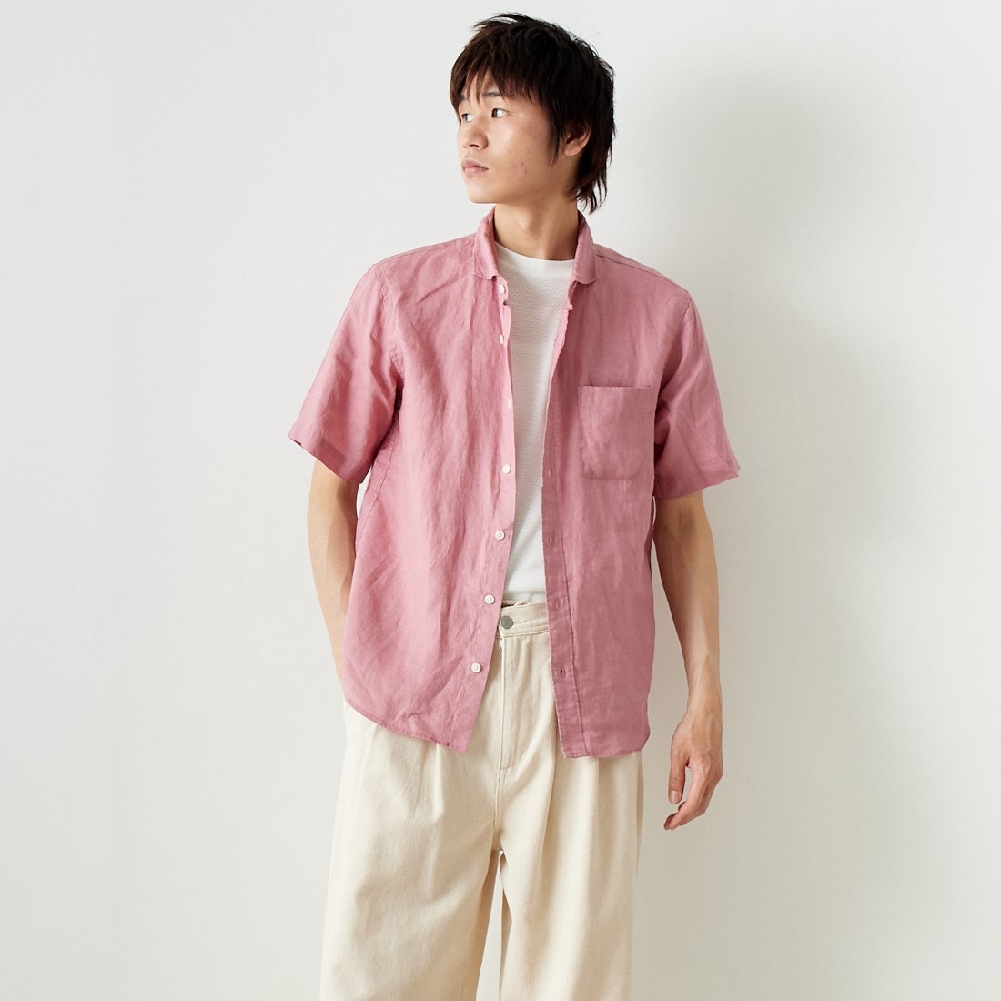 33Degrees [サーティスリーディグリーズ] フレンチリネン ショートスリーブシャツ [BFP610] 110 PINK &&モデル身長：182cm 着用サイズ：L&&