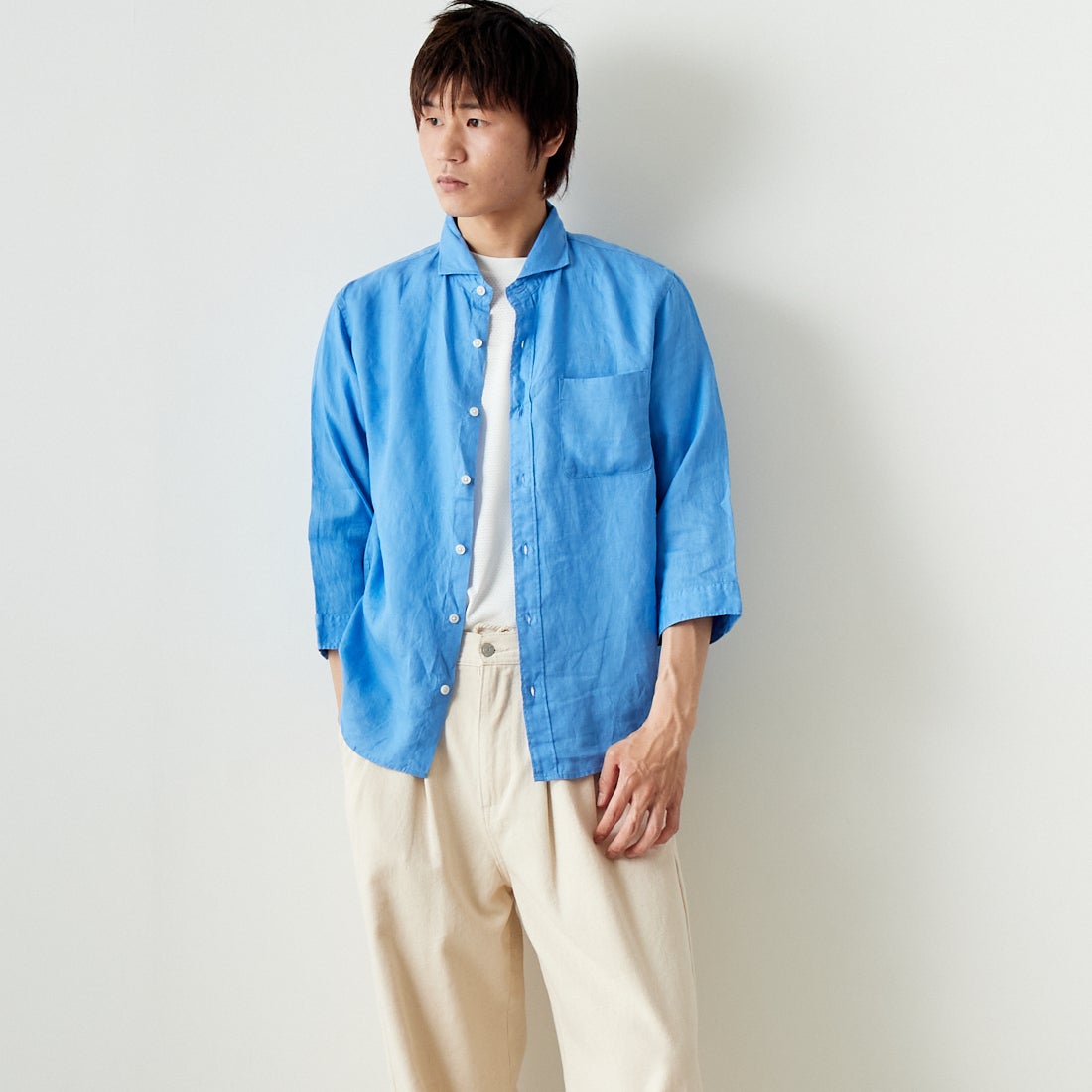 33Degrees [サーティスリーディグリーズ] フレンチリネン 七分袖シャツ [BFQ210] 520 BLUE &&モデル身長：182cm 着用サイズ：L&&