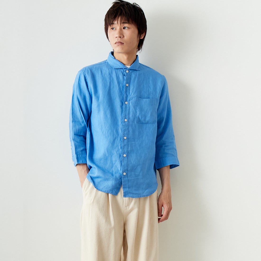33Degrees [サーティスリーディグリーズ] フレンチリネン 七分袖シャツ [BFQ210] 520 BLUE &&モデル身長：182cm 着用サイズ：L&&