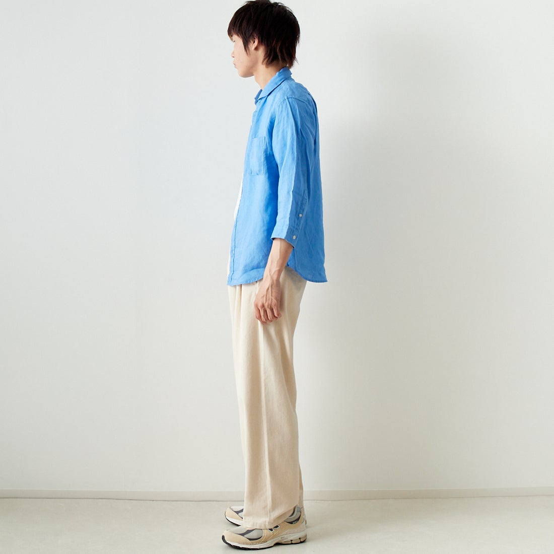 33Degrees [サーティスリーディグリーズ] フレンチリネン 七分袖シャツ [BFQ210] 520 BLUE &&モデル身長：182cm 着用サイズ：L&&