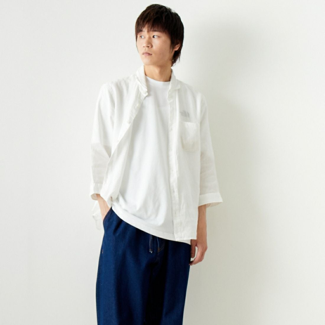 33Degrees [サーティスリーディグリーズ] フレンチリネン 七分袖シャツ [BFQ210] 010 WHITE &&モデル身長：182cm 着用サイズ：L&&