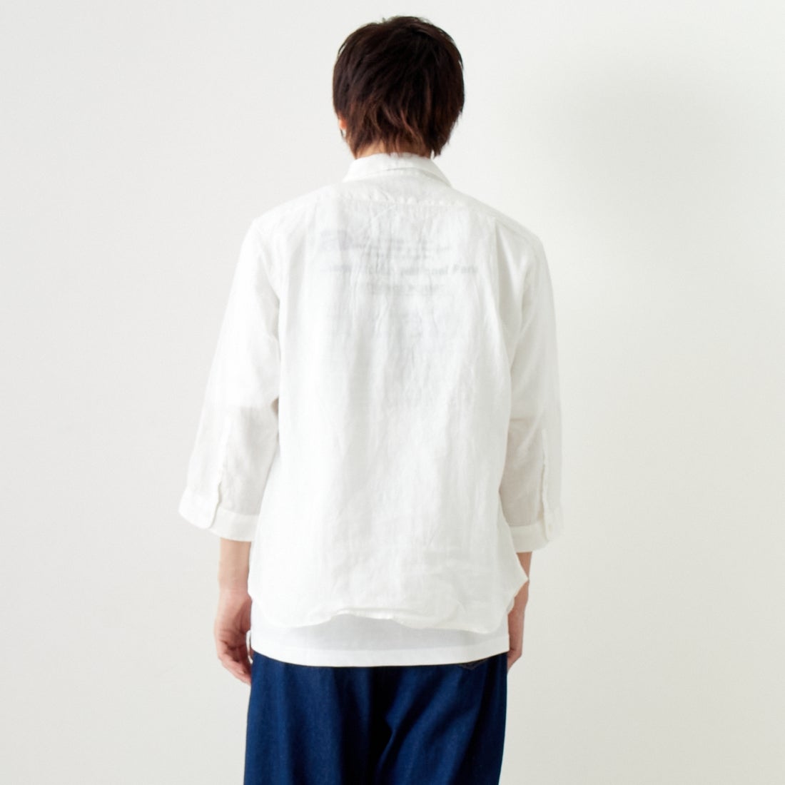 33Degrees [サーティスリーディグリーズ] フレンチリネン 七分袖シャツ [BFQ210] 010 WHITE &&モデル身長：182cm 着用サイズ：L&&