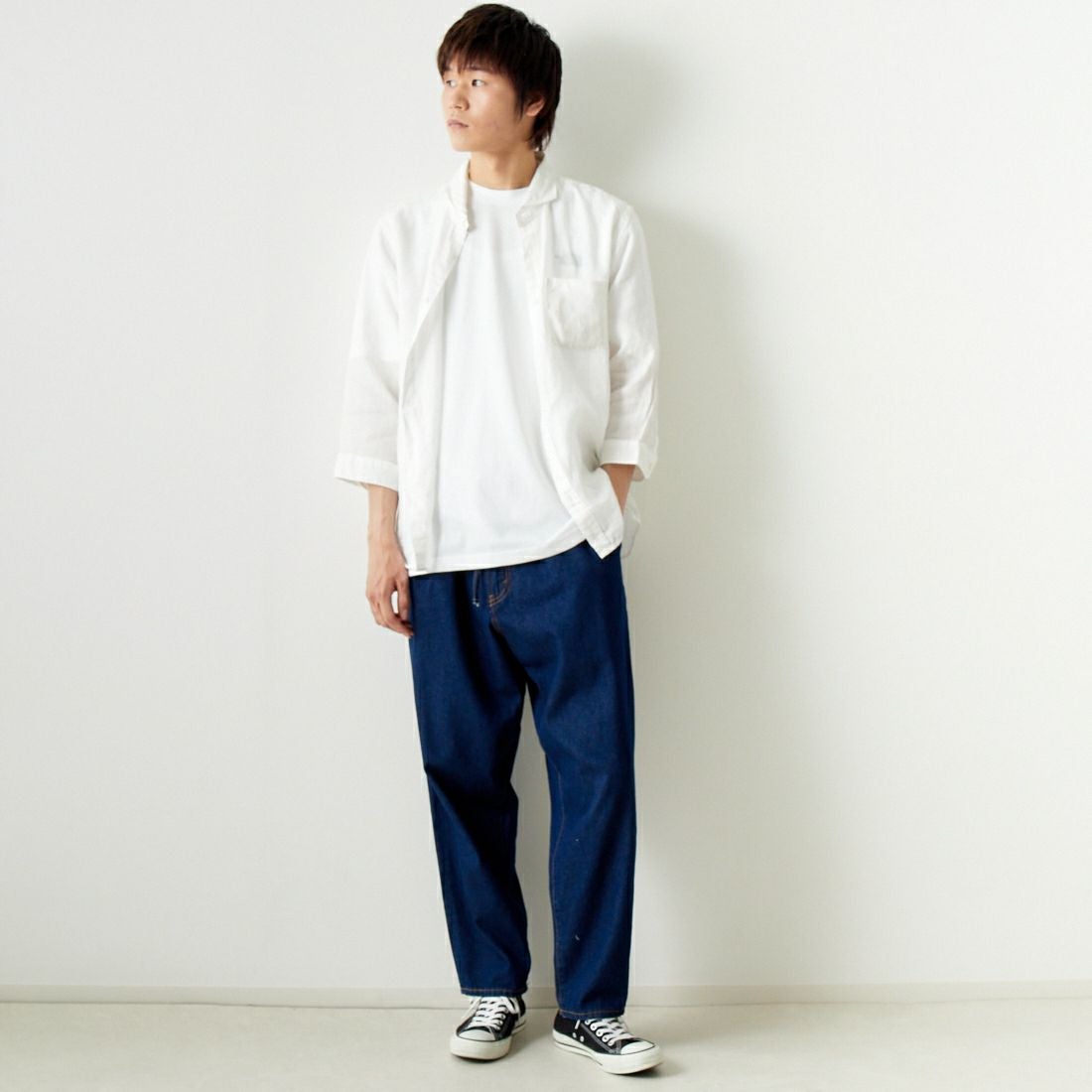 33Degrees [サーティスリーディグリーズ] フレンチリネン 七分袖シャツ [BFQ210] 010 WHITE &&モデル身長：182cm 着用サイズ：L&&