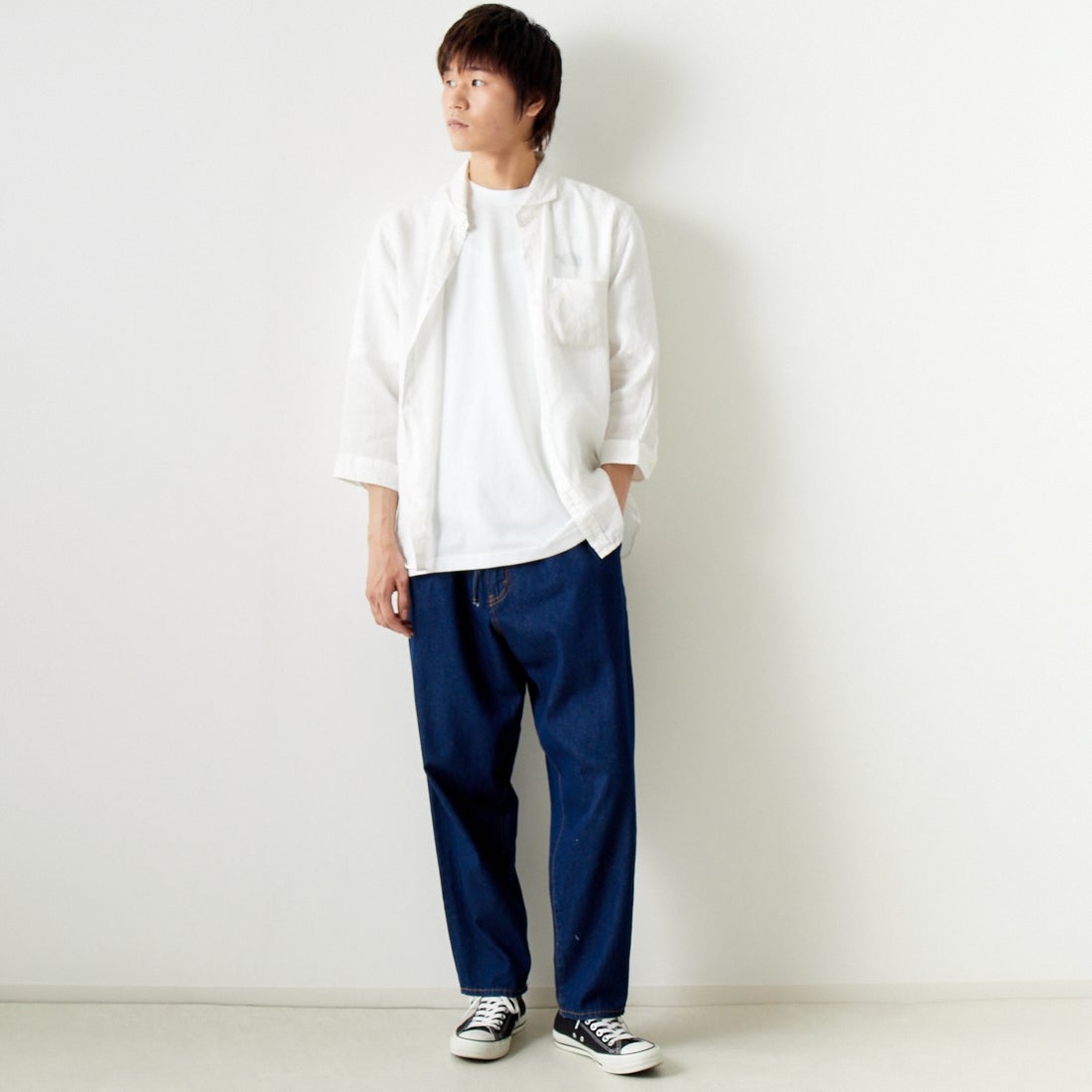 33Degrees [サーティスリーディグリーズ] フレンチリネン 七分袖シャツ [BFQ210] 010 WHITE &&モデル身長：182cm 着用サイズ：L&&