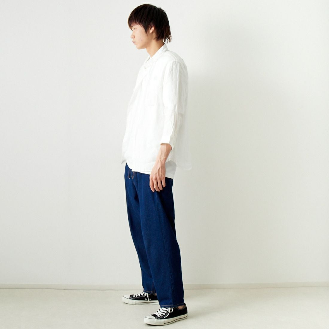 33Degrees [サーティスリーディグリーズ] フレンチリネン 七分袖シャツ [BFQ210] 010 WHITE &&モデル身長：182cm 着用サイズ：L&&