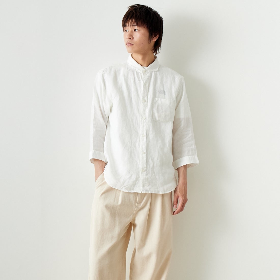 33Degrees [サーティスリーディグリーズ] フレンチリネン 七分袖シャツ [BFQ210] 010 WHITE &&モデル身長：182cm 着用サイズ：L&&