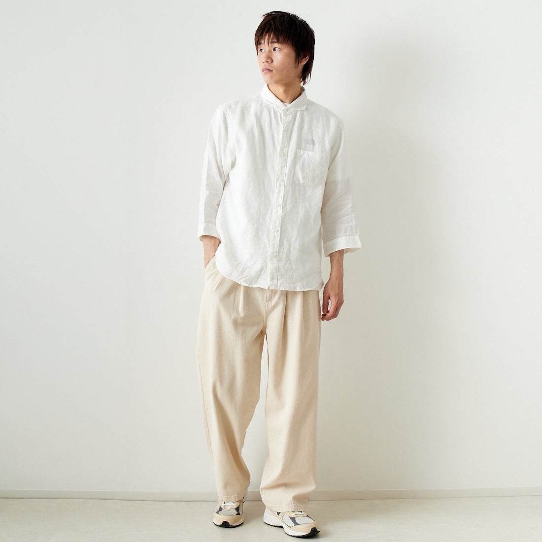 33Degrees [サーティスリーディグリーズ] フレンチリネン 七分袖シャツ [BFQ210] 010 WHITE &&モデル身長：182cm 着用サイズ：L&&