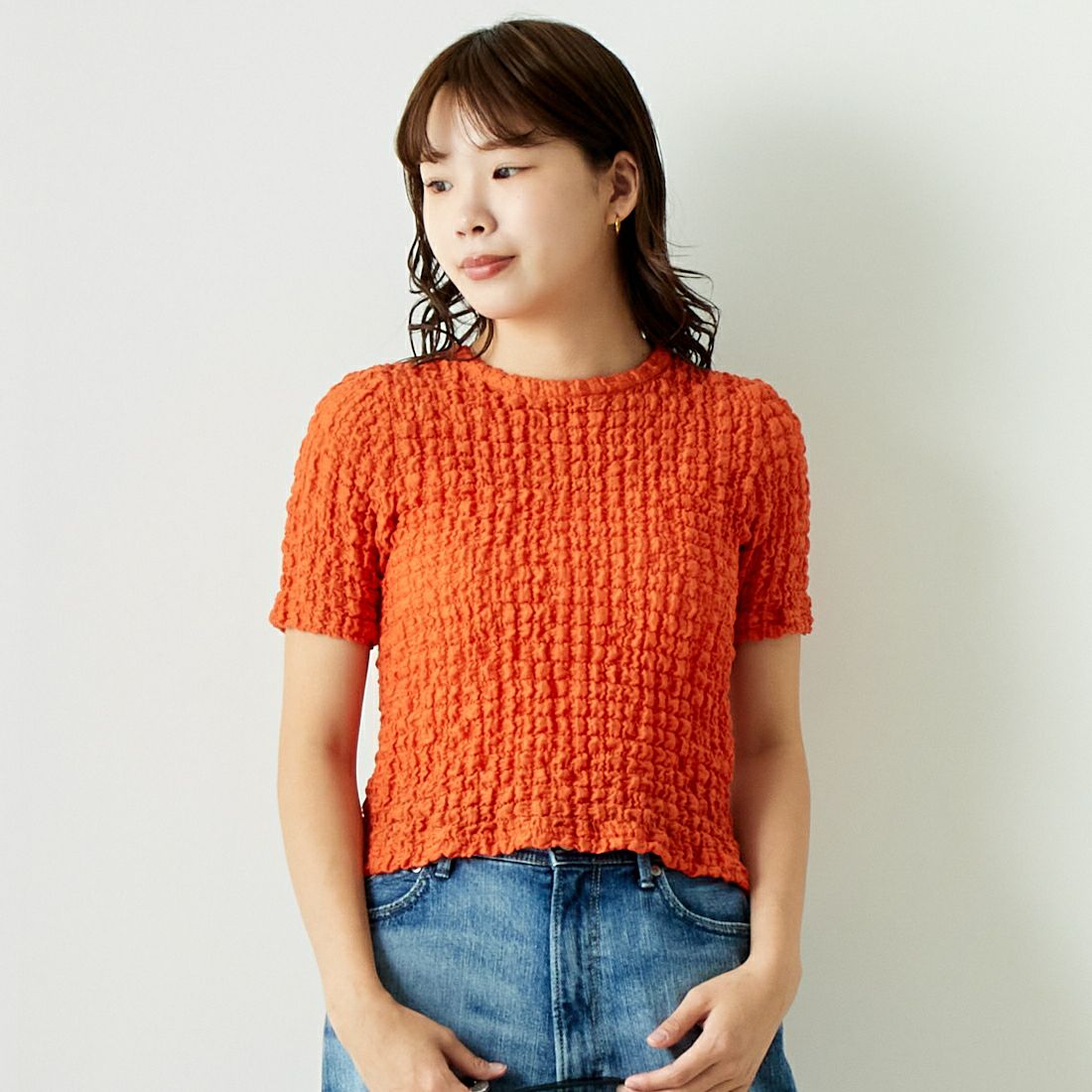 Jeans Factory Clothes [ジーンズファクトリークローズ] シャーリング プルオーバーカットソー [21242055] ｵﾚﾝｼﾞ &&モデル身長：167cm 着用サイズ：F&&