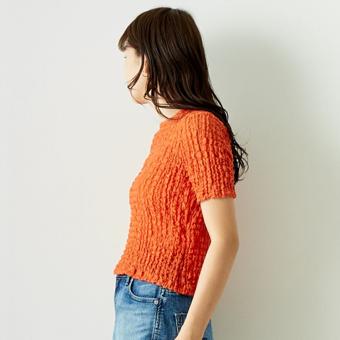 Jeans Factory Clothes [ジーンズファクトリークローズ] シャーリング プルオーバーカットソー [21242055] ｵﾚﾝｼﾞ &&モデル身長：167cm 着用サイズ：F&&