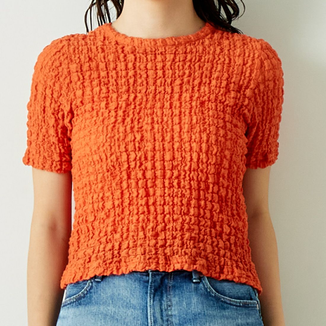 Jeans Factory Clothes [ジーンズファクトリークローズ] シャーリング プルオーバーカットソー [21242055] ｵﾚﾝｼﾞ &&モデル身長：167cm 着用サイズ：F&&