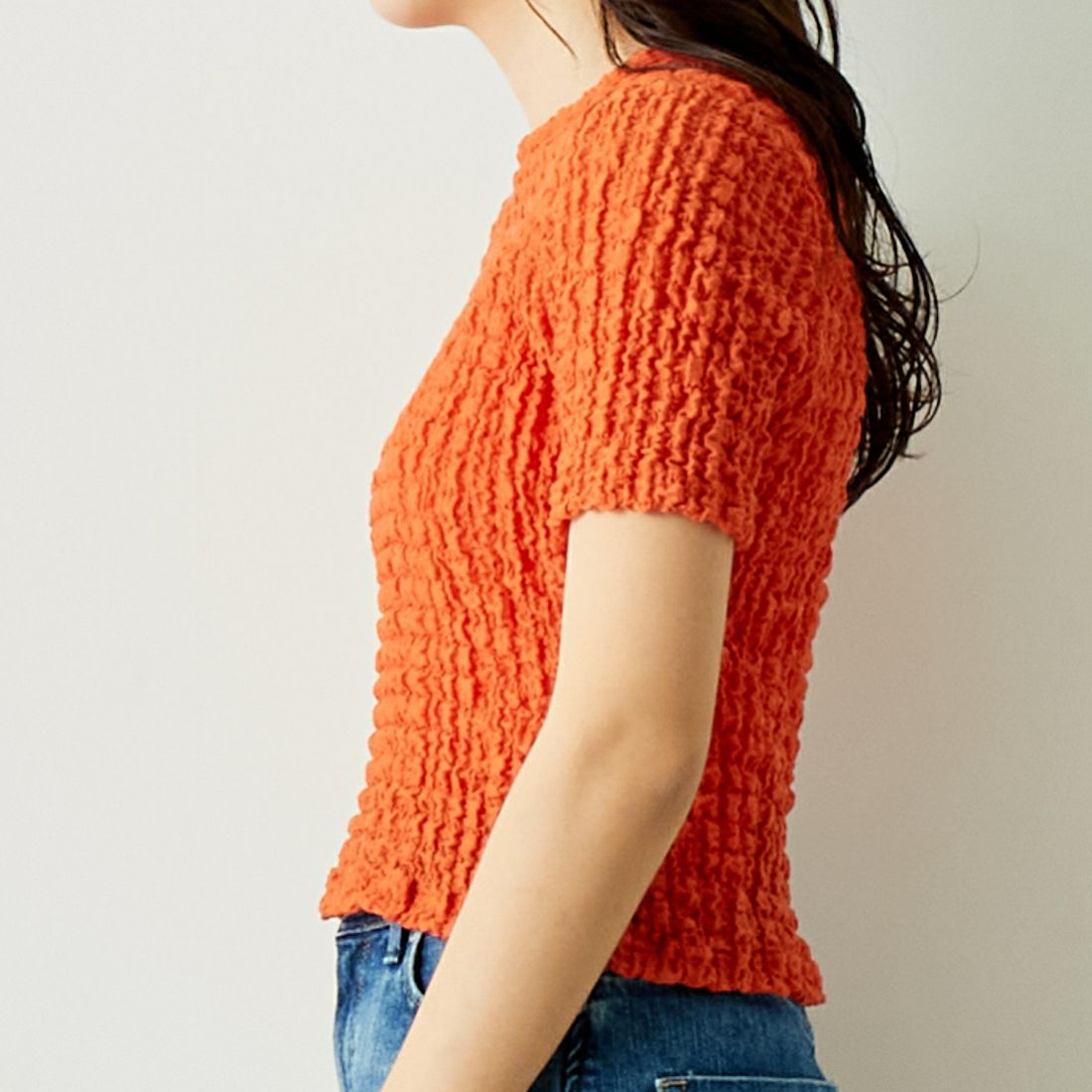 Jeans Factory Clothes [ジーンズファクトリークローズ] シャーリング プルオーバーカットソー [21242055] ｵﾚﾝｼﾞ &&モデル身長：167cm 着用サイズ：F&&