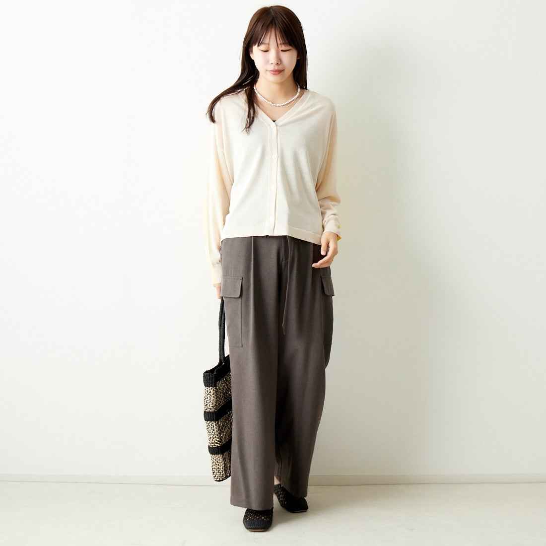 Jeans Factory Clothes [ジーンズファクトリークローズ] 2WAY UVカットカーディガン [116-5026] IVORY/YELL &&モデル身長：167cm 着用サイズ：F&&