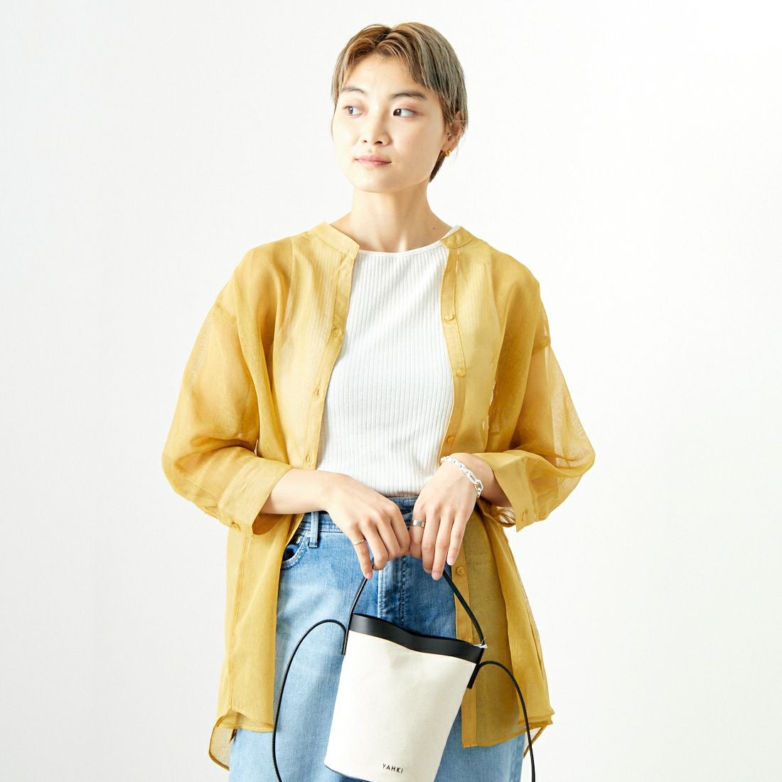 Jf Ready Made [ジェイエフレディメイド] シアーリネンバックリボンシャツ [754376] 53 ﾏｽﾀｰﾄﾞ &&モデル身長：160cm 着用サイズ：F&&