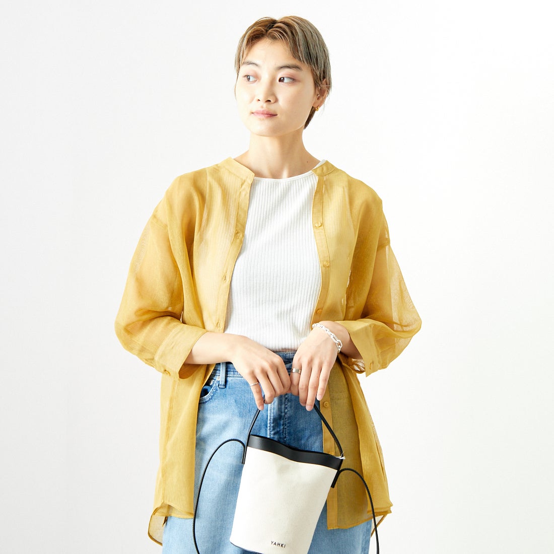 Jf Ready Made [ジェイエフレディメイド] シアーリネンバックリボンシャツ [754376] 53 ﾏｽﾀｰﾄﾞ &&モデル身長：160cm 着用サイズ：F&&