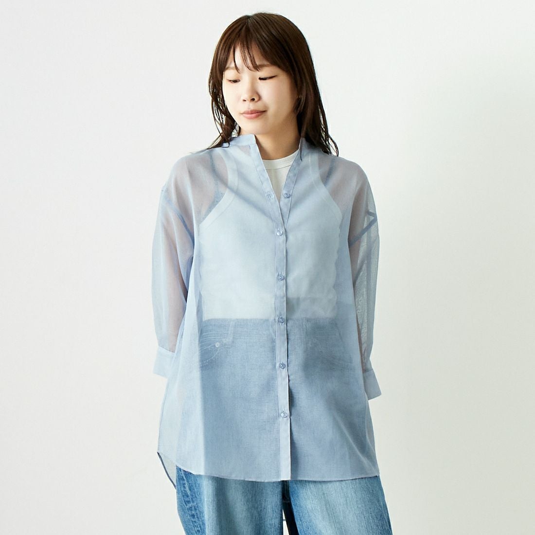 Jf Ready Made [ジェイエフレディメイド] シアーリネンバックリボンシャツ [754376] 86 ﾗｲﾄﾌﾞﾙｰ &&モデル身長：167cm 着用サイズ：F&&