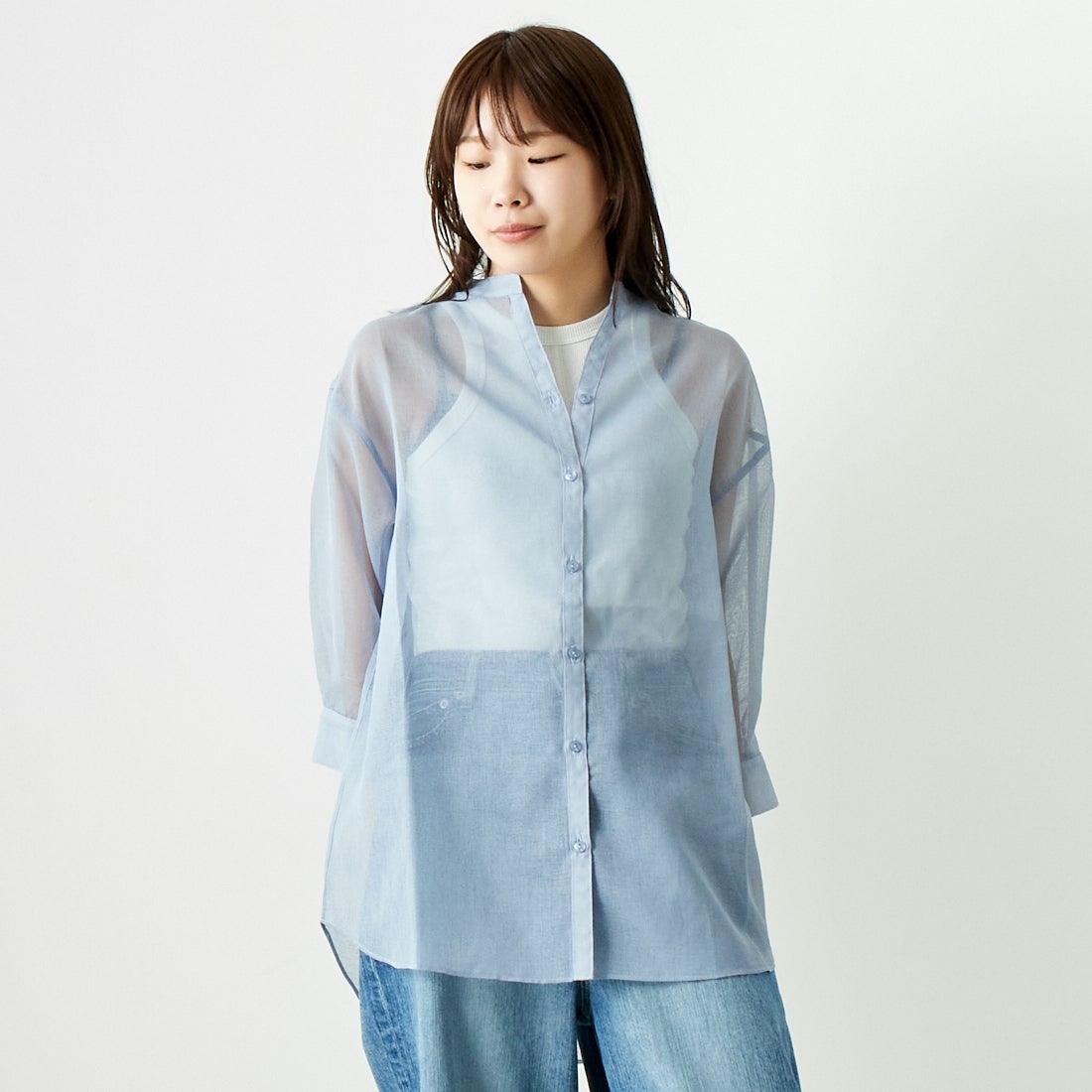 Jf Ready Made [ジェイエフレディメイド] シアーリネンバックリボンシャツ [754376] 86 ﾗｲﾄﾌﾞﾙｰ &&モデル身長：167cm 着用サイズ：F&&