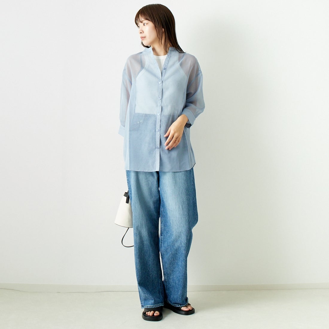 Jf Ready Made [ジェイエフレディメイド] シアーリネンバックリボンシャツ [754376] 86 ﾗｲﾄﾌﾞﾙｰ &&モデル身長：167cm 着用サイズ：F&&