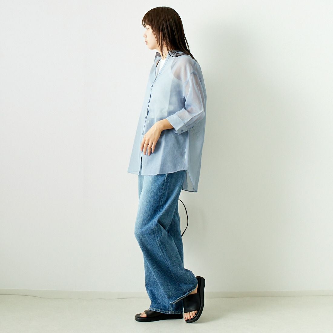 Jf Ready Made [ジェイエフレディメイド] シアーリネンバックリボンシャツ [754376] 86 ﾗｲﾄﾌﾞﾙｰ &&モデル身長：167cm 着用サイズ：F&&