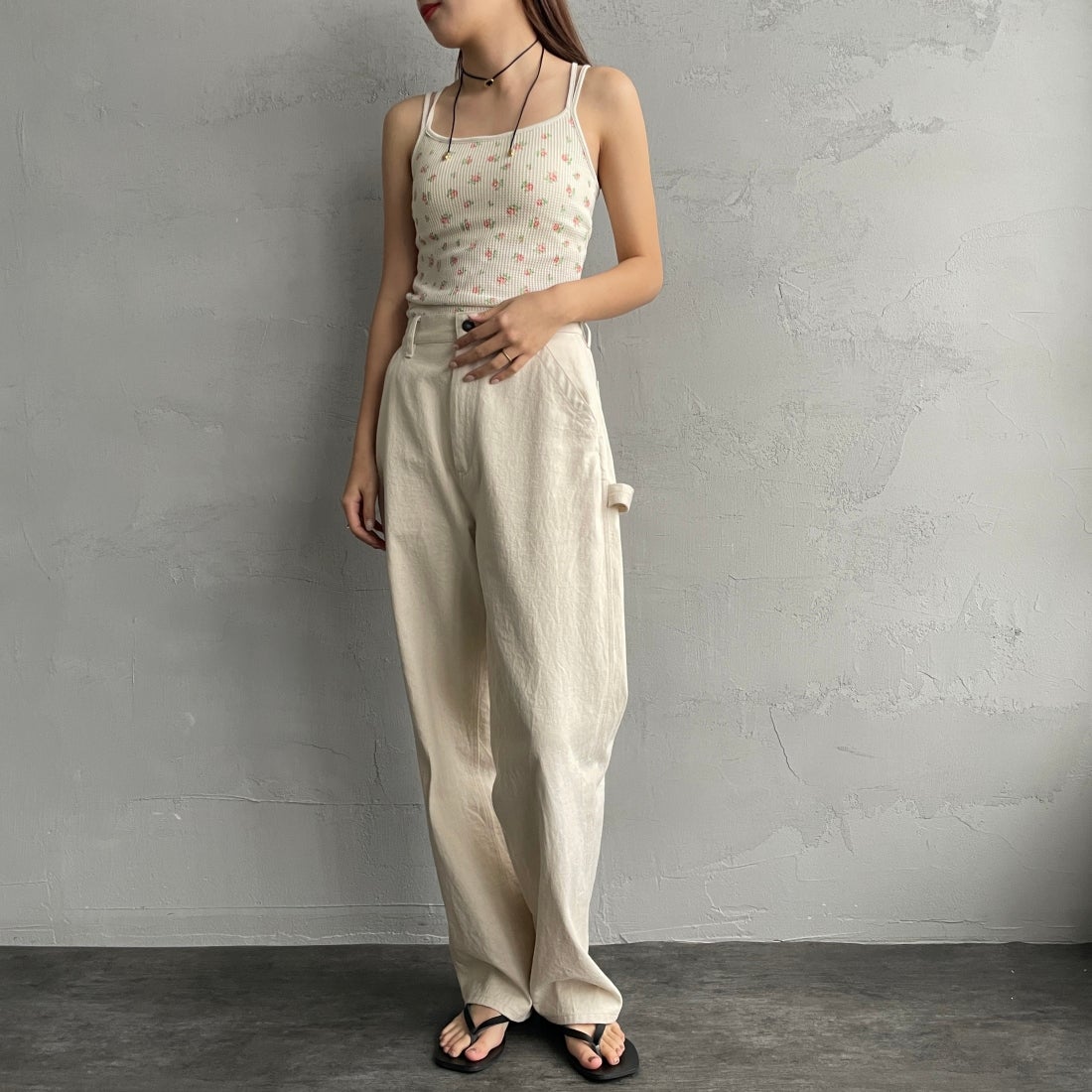 JE MORGAN [ジェイイーモーガン] ワッフル花柄キャミソール [JD764-29S] 34 NAT/RED &&モデル身長：165cm 着用サイズ：F&&