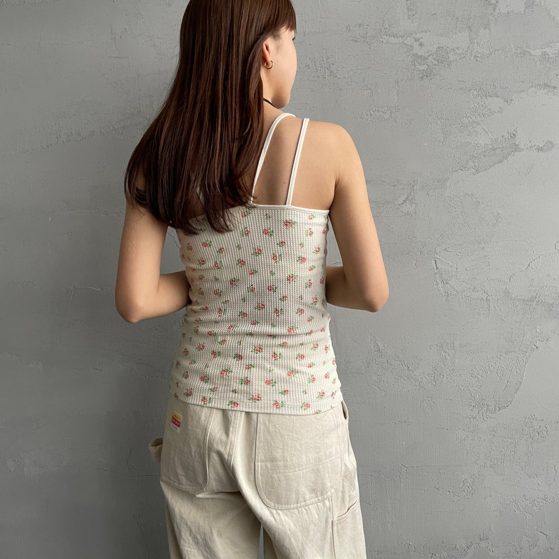 JE MORGAN [ジェイイーモーガン] ワッフル花柄キャミソール [JD764-29S] 34 NAT/RED &&モデル身長：165cm 着用サイズ：F&&