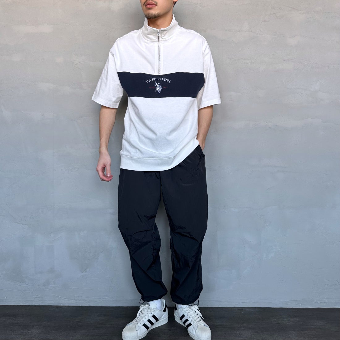 U.S.POLO ASSN. [ユーエスポロアッスン] 別注 ハーフジップ ショートスリーブTシャツ [PLM42217IN-JF] ﾎﾜｲﾄ &&モデル身長：168cm 着用サイズ：M&&