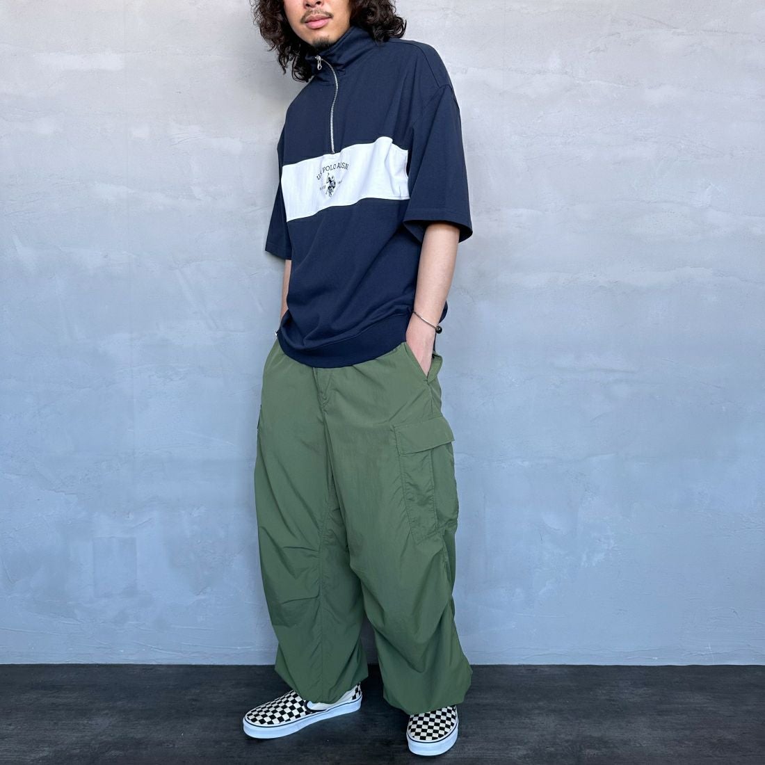 U.S.POLO ASSN. [ユーエスポロアッスン] 別注 ハーフジップ ショートスリーブTシャツ [PLM42217IN-JF] ﾈｲﾋﾞｰ &&モデル身長：173cm 着用サイズ：L&&