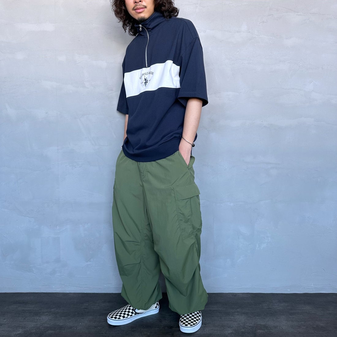 U.S.POLO ASSN. [ユーエスポロアッスン] 別注 ハーフジップ ショートスリーブTシャツ [PLM42217IN-JF] ﾈｲﾋﾞｰ &&モデル身長：173cm 着用サイズ：L&&