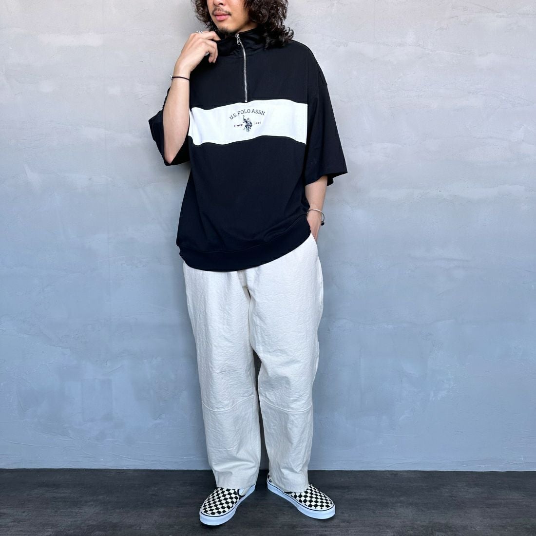 U.S.POLO ASSN. [ユーエスポロアッスン] 別注 ハーフジップ ショートスリーブTシャツ [PLM42217IN-JF] ﾌﾞﾗｯｸ &&モデル身長：173cm 着用サイズ：XL&&