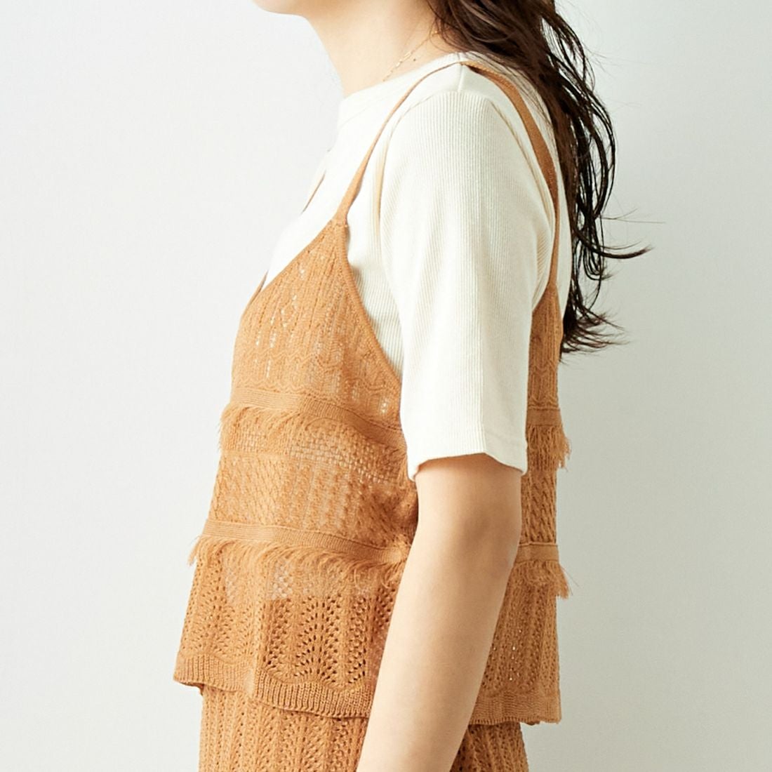 Jeans Factory Clothes [ジーンズファクトリークローズ] メッシュフリンジビスチェ [11242810] ﾓｶ &&モデル身長：167cm 着用サイズ：F&&