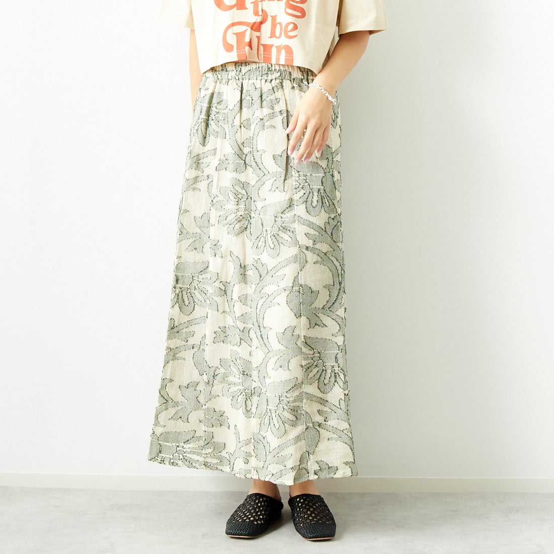 Jeans Factory Clothes [ジーンズファクトリークローズ] ネットカットジャガードフレアスカート [24771-PF] GREEN &&モデル身長：167cm 着用サイズ：F&&