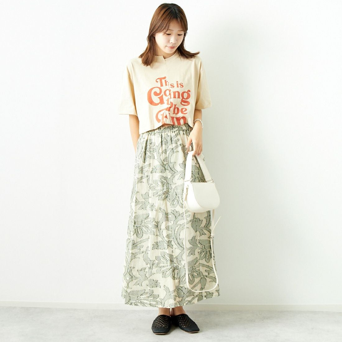 Jeans Factory Clothes [ジーンズファクトリークローズ] ネットカットジャガードフレアスカート [24771-PF] GREEN &&モデル身長：167cm 着用サイズ：F&&