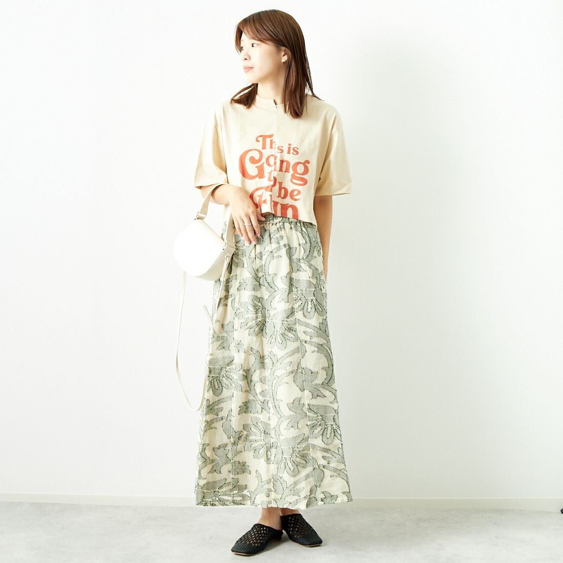 Jeans Factory Clothes [ジーンズファクトリークローズ] ネットカットジャガードフレアスカート [24771-PF] GREEN &&モデル身長：167cm 着用サイズ：F&&