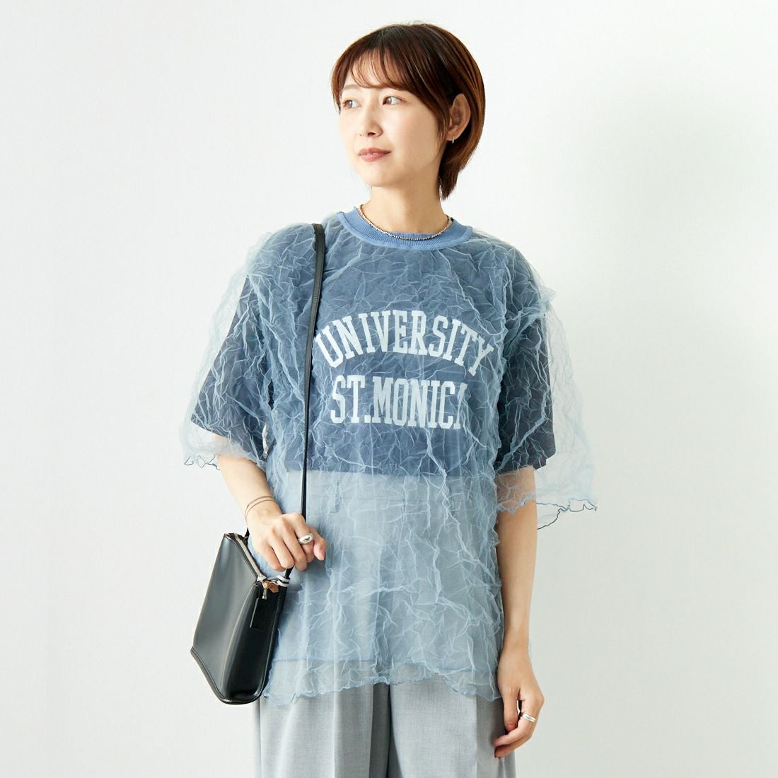 CHIGNON [シニヨン] チュールワッシャーTシャツ [9243-603LA] BLUE &&モデル身長：167cm 着用サイズ：F&&