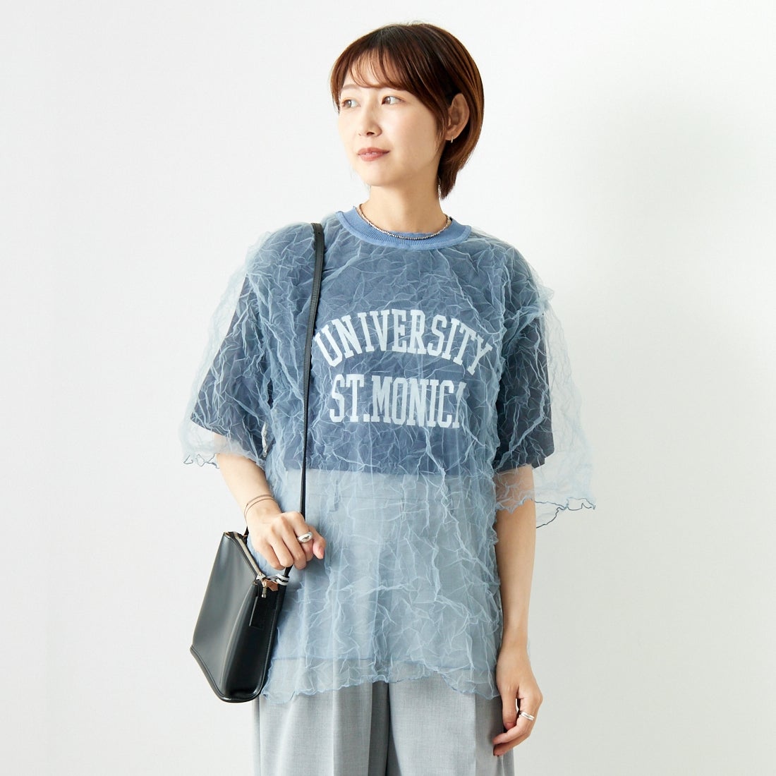 CHIGNON [シニヨン] チュールワッシャーTシャツ [9243-603LA] BLUE &&モデル身長：167cm 着用サイズ：F&&