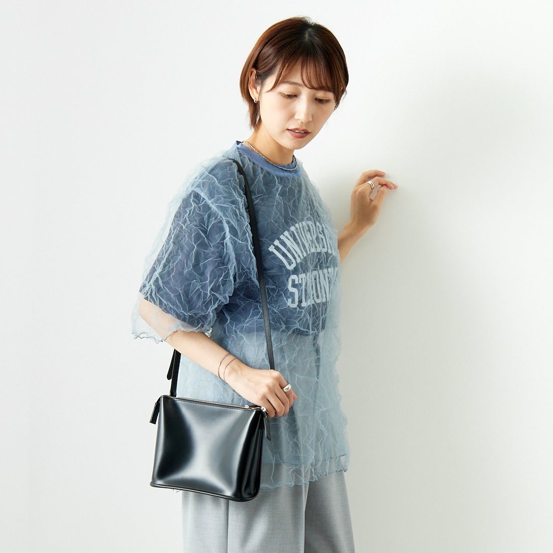 CHIGNON [シニヨン] チュールワッシャーTシャツ [9243-603LA] BLUE &&モデル身長：167cm 着用サイズ：F&&