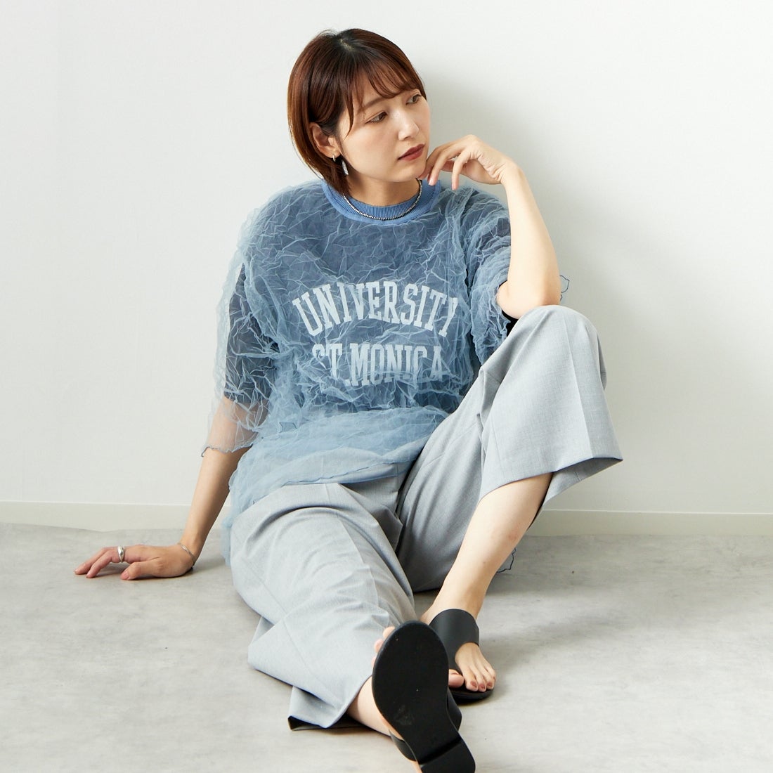 CHIGNON [シニヨン] チュールワッシャーTシャツ [9243-603LA] BLUE &&モデル身長：167cm 着用サイズ：F&&