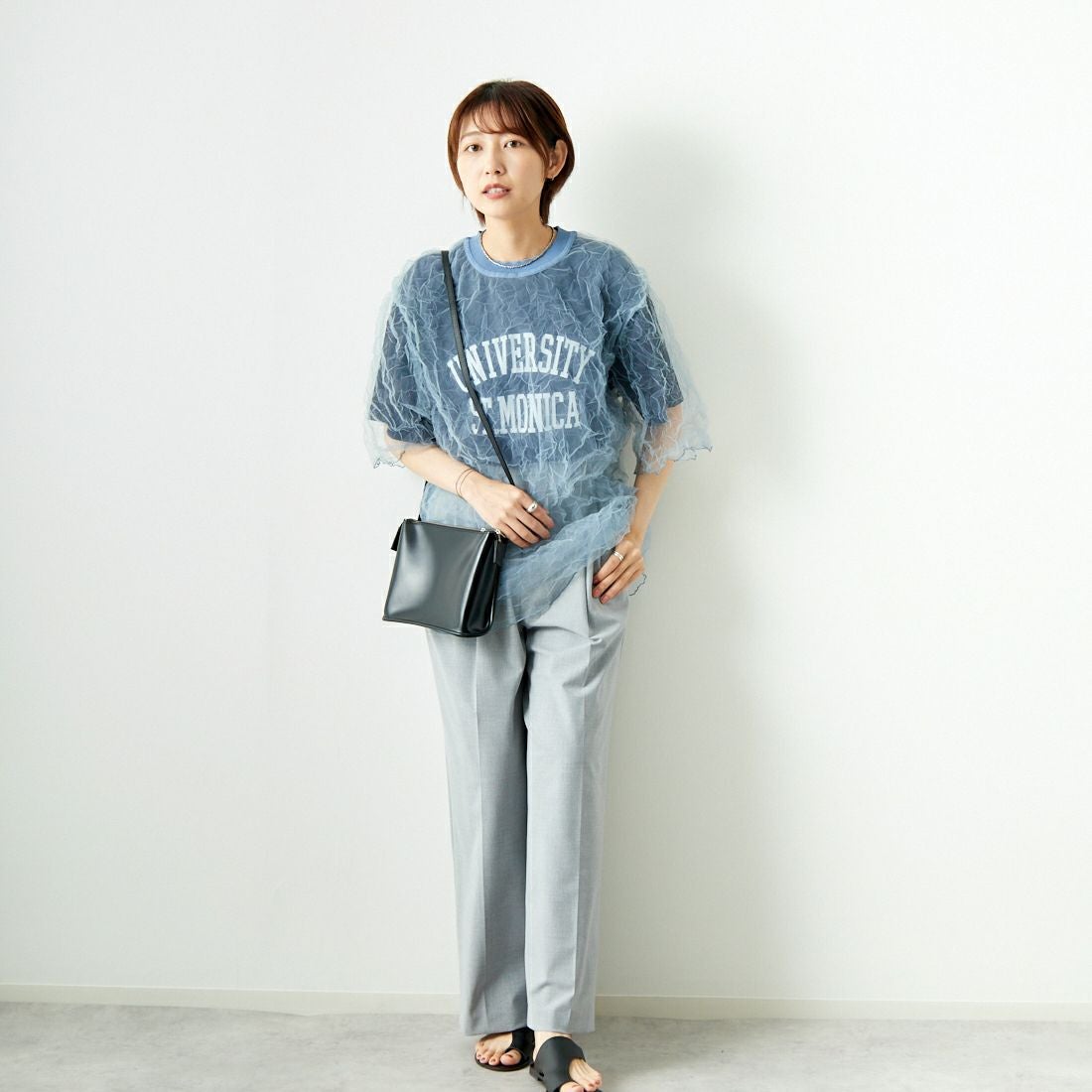 CHIGNON [シニヨン] チュールワッシャーTシャツ [9243-603LA] BLUE &&モデル身長：167cm 着用サイズ：F&&