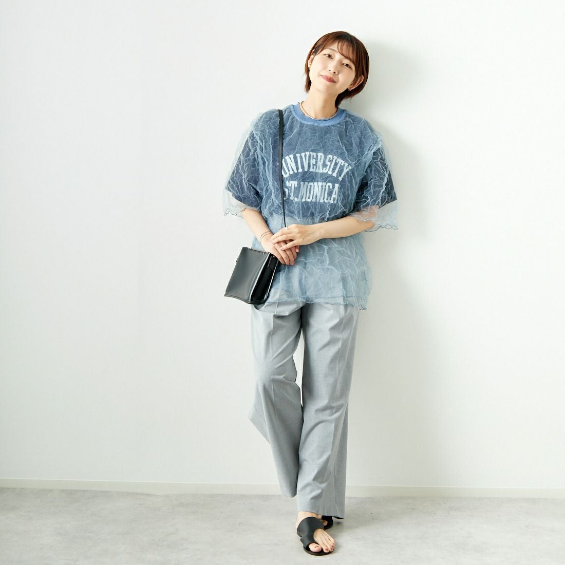 CHIGNON [シニヨン] チュールワッシャーTシャツ [9243-603LA] BLUE &&モデル身長：167cm 着用サイズ：F&&