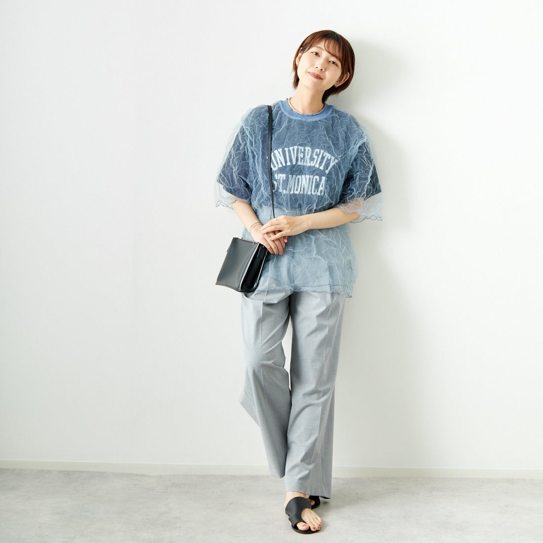 CHIGNON [シニヨン] チュールワッシャーTシャツ [9243-603LA] BLUE &&モデル身長：167cm 着用サイズ：F&&