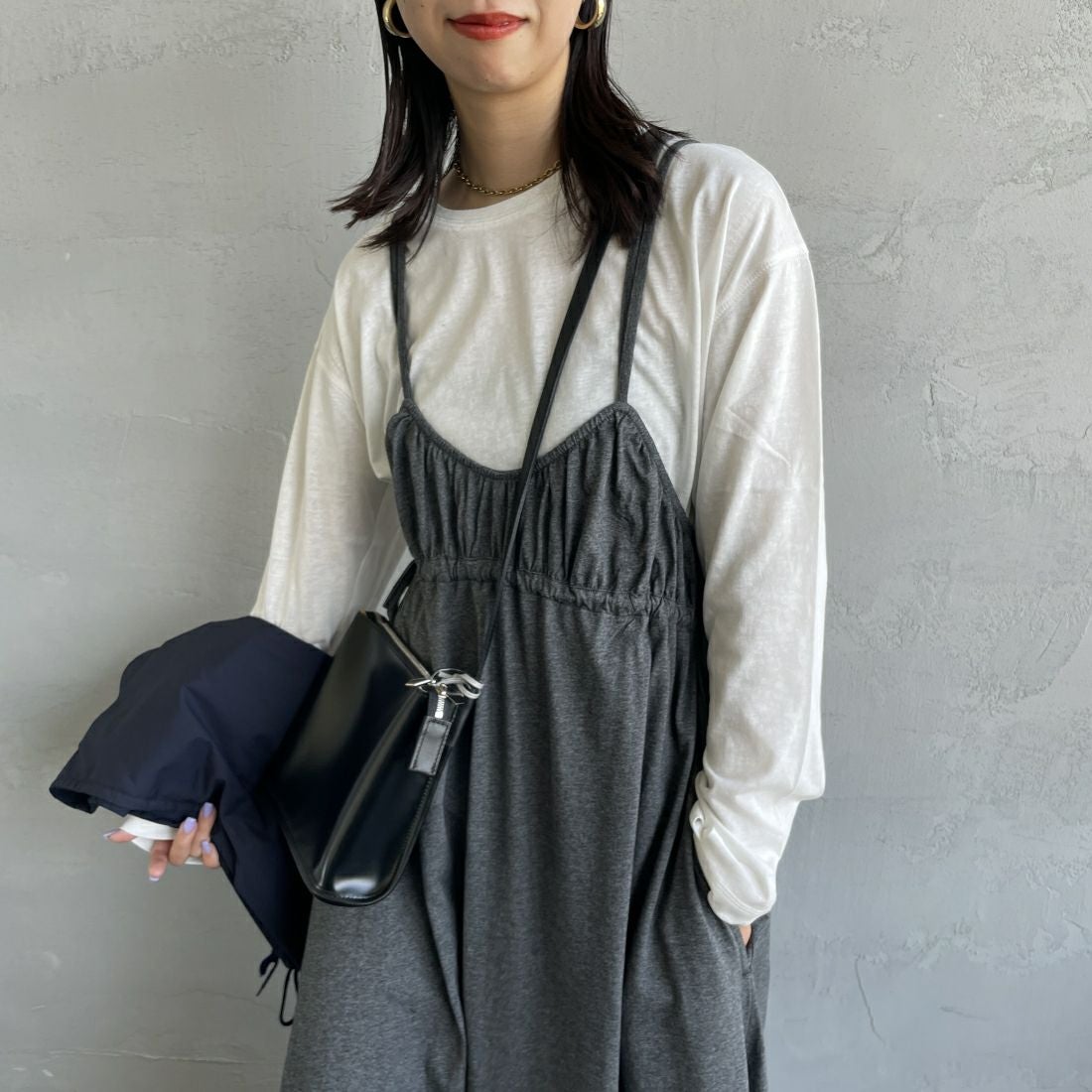 By/m [バイエム] マルチWAY ギャザーキャミカットワンピース [24122007] 07 GRAY &&モデル身長：163cm 着用サイズ：F&&