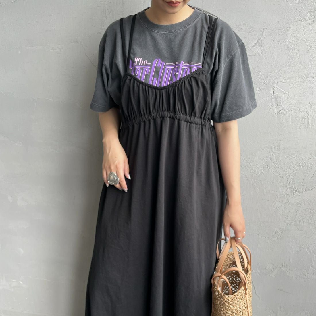 By/m [バイエム] マルチWAY ギャザーキャミカットワンピース [24122007] 09 BLACK &&モデル身長：156cm 着用サイズ：F&&