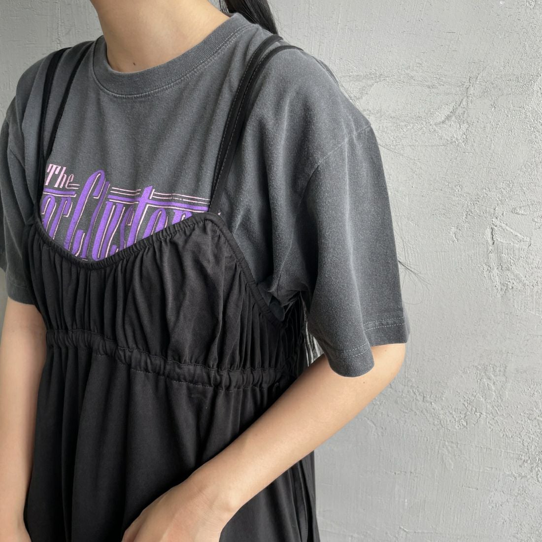 By/m [バイエム] マルチWAY ギャザーキャミカットワンピース [24122007] 09 BLACK &&モデル身長：156cm 着用サイズ：F&&