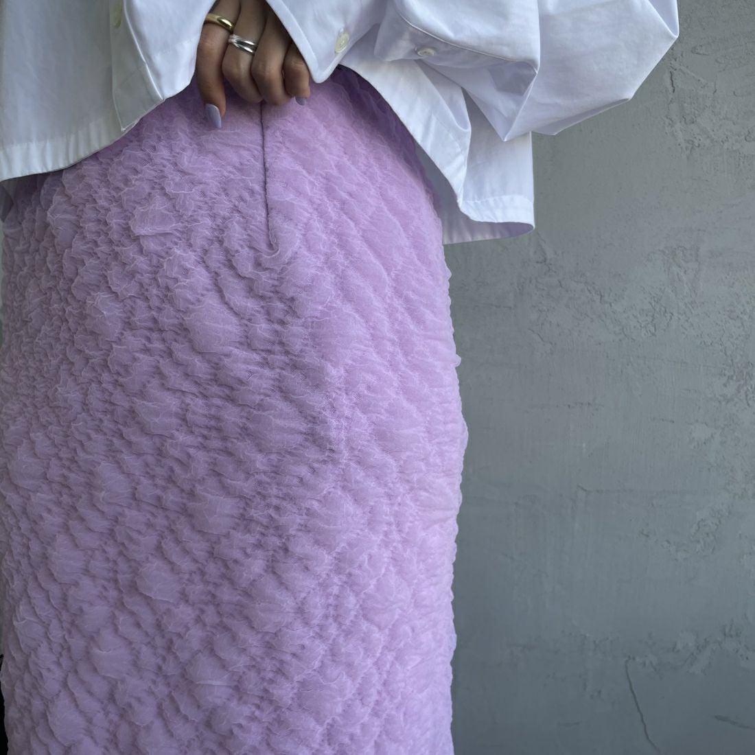 By/m [バイエム] ふくれジャガード ナローロングスカート [24122014] 45 LAVENDE &&モデル身長：163cm 着用サイズ：F&&