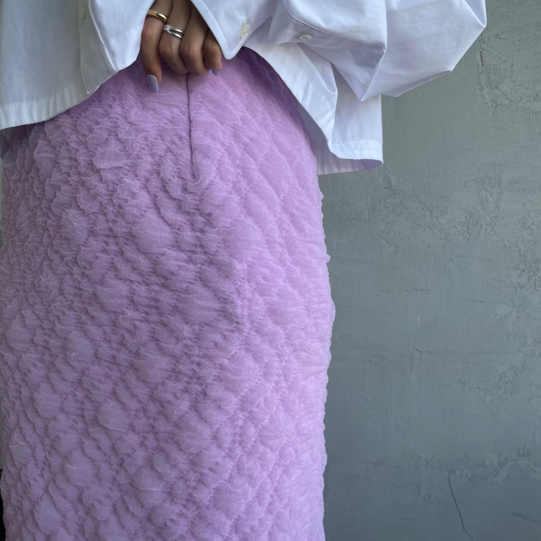 By/m [バイエム] ふくれジャガード ナローロングスカート [24122014] 45 LAVENDE &&モデル身長：163cm 着用サイズ：F&&