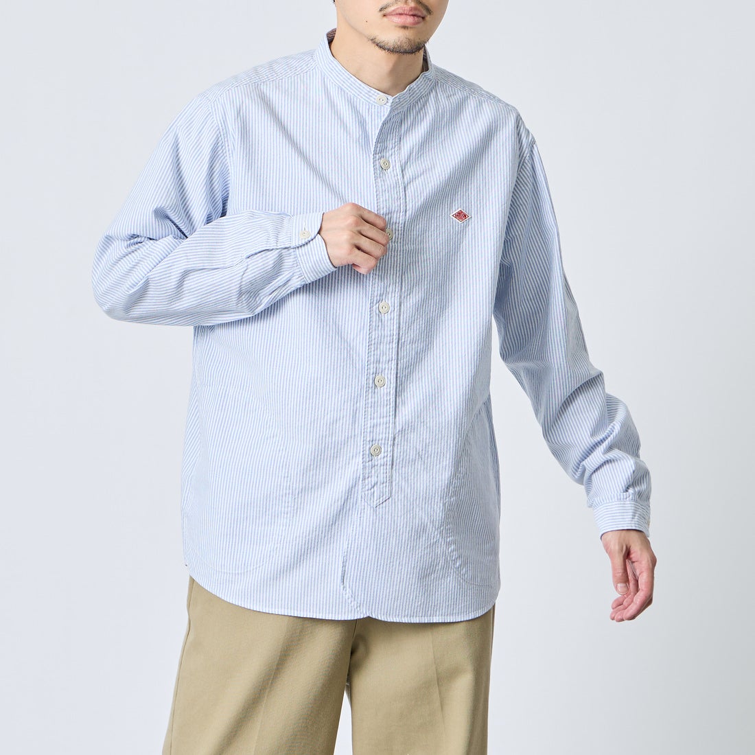 DANTON [ダントン] オックスフォード バンドカラーシャツ [DT-B0280OXP] SAX/WHT ST &&モデル身長：168cm 着用サイズ：42&&