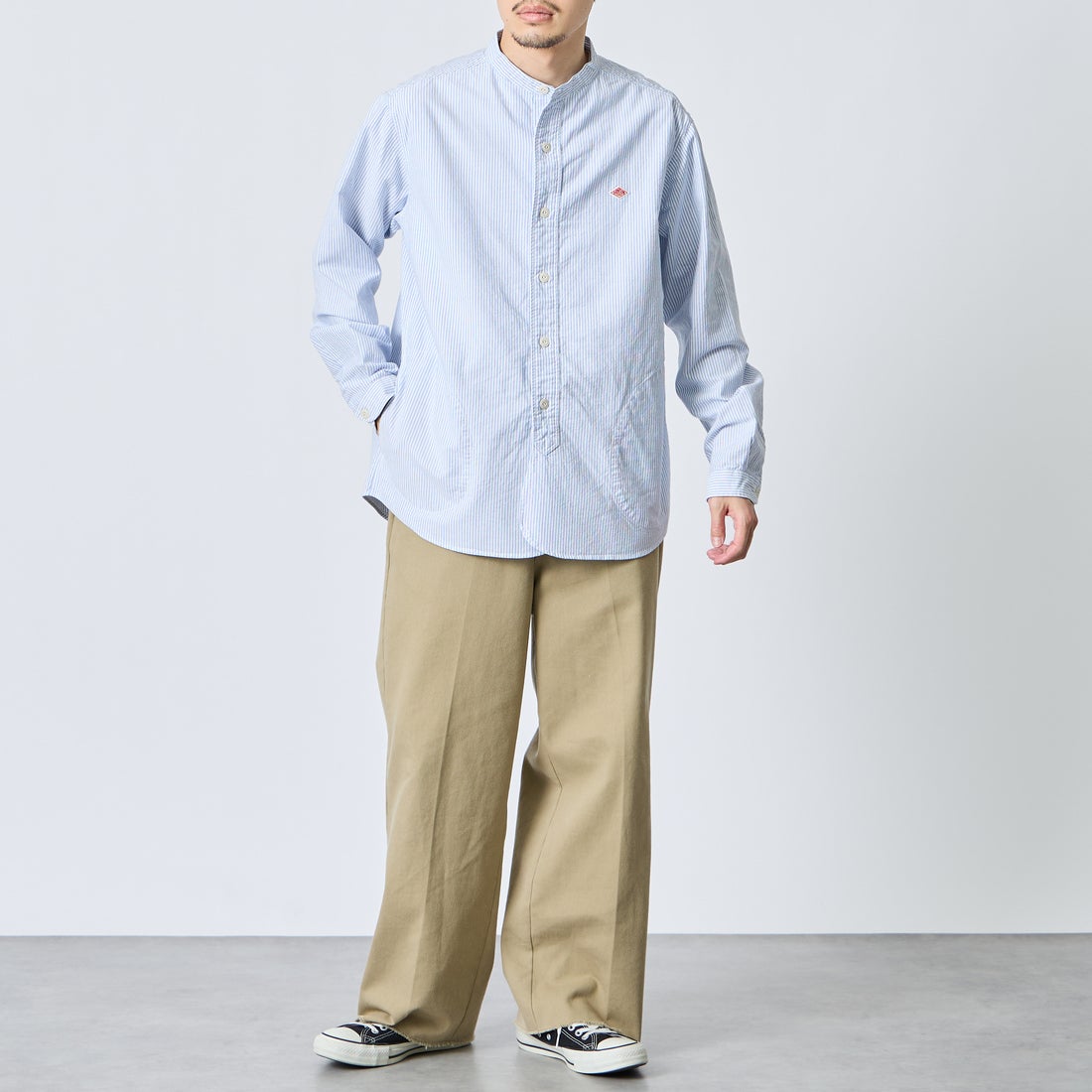 DANTON [ダントン] オックスフォード バンドカラーシャツ [DT-B0280OXP] SAX/WHT ST &&モデル身長：168cm 着用サイズ：42&&